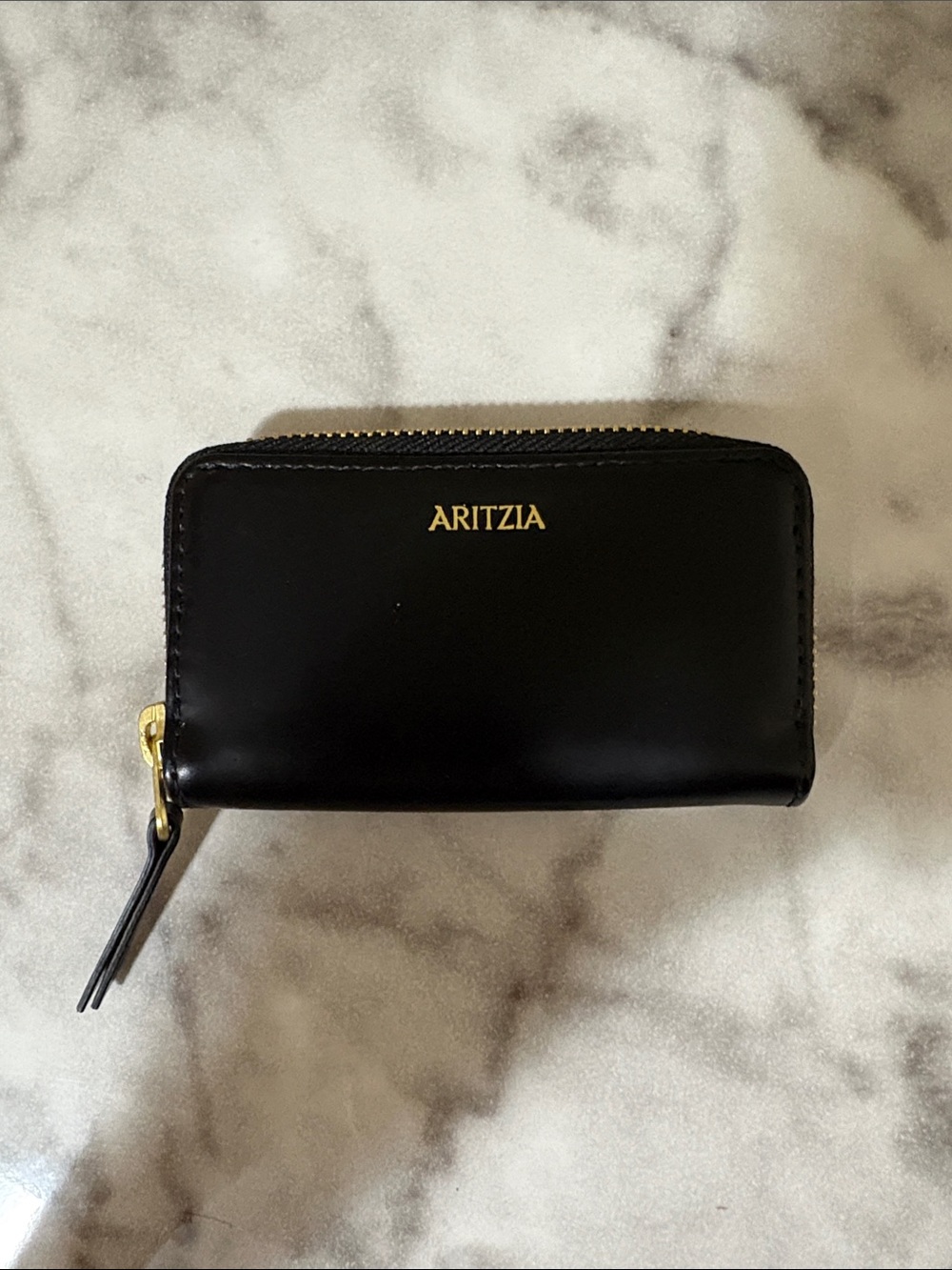 Aritzia Black Leather Zip Card Wallet with Gold Logo